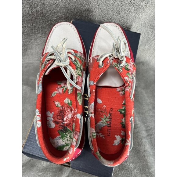 New GH Bass Co Women’s 6.5 Marina Red Leather Floral Canvas Boat Shoes Preppy - Picture 6 of 6